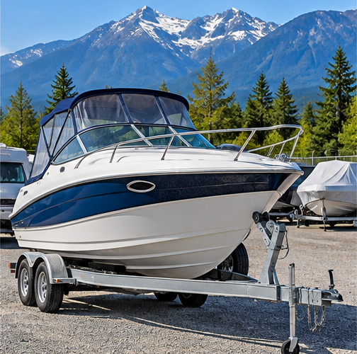 Boat on a trailer in an outdoor storage lot, representing boat storage services in Comox, BC.