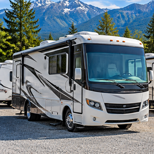 RV parked in an outdoor storage lot with mountain views, representing RV storage in Comox, BC.