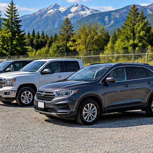 Cars and trucks parked in an outdoor lot, representing vehicle storage in Comox, BC.